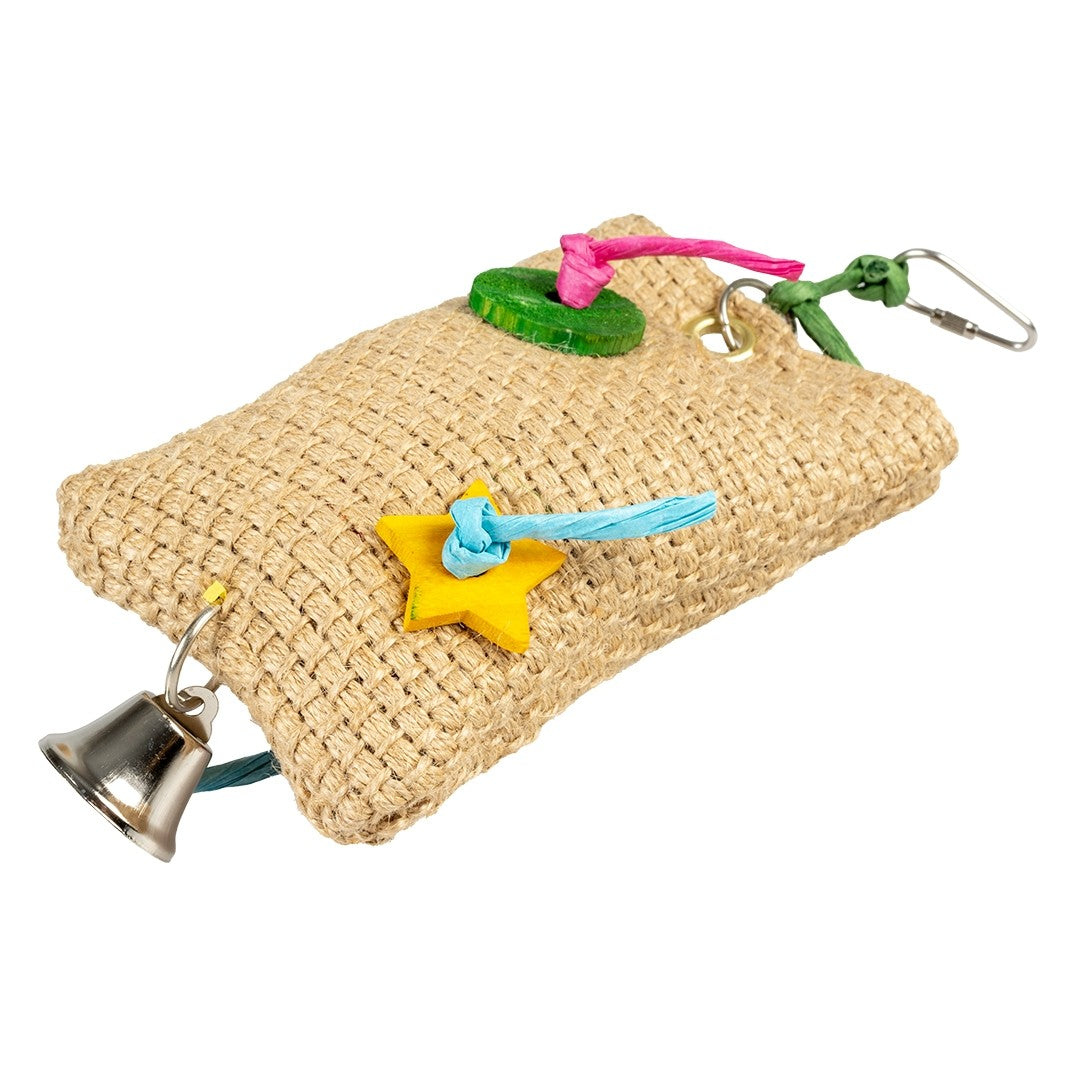 Sisal snackzakje met papier, hout en bel meerkleurig
